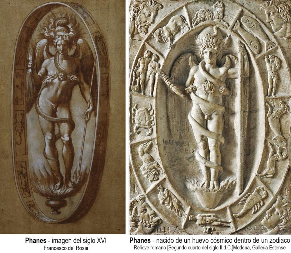 Dios Phanès: relief romain. Né d'un œuf cosmique, à l'intérieur d'un zodiaque