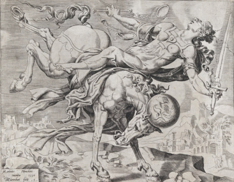 Le monde se débarrasse de la justice — 
Dirck Volckertsz Coornhert, (1519-1590) — Première gravure
