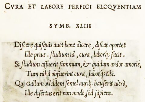 Antiquísimo grabado «Cura et labore perfici eloquentiam»